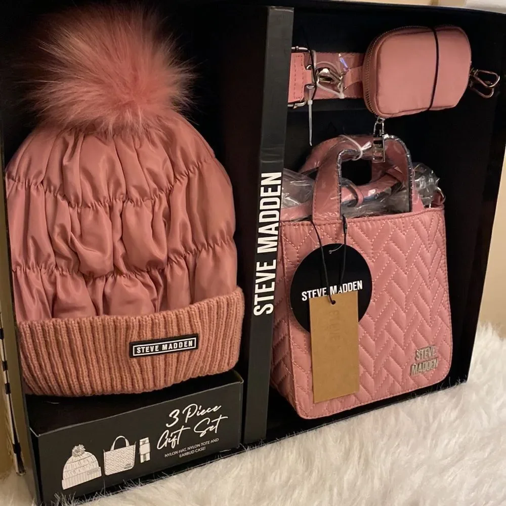 NWT Steve Madden Tote/Crossbody w/ AirPod Case and Hat- 3pc Gift Set - Mauve - Picture 3 of 15
